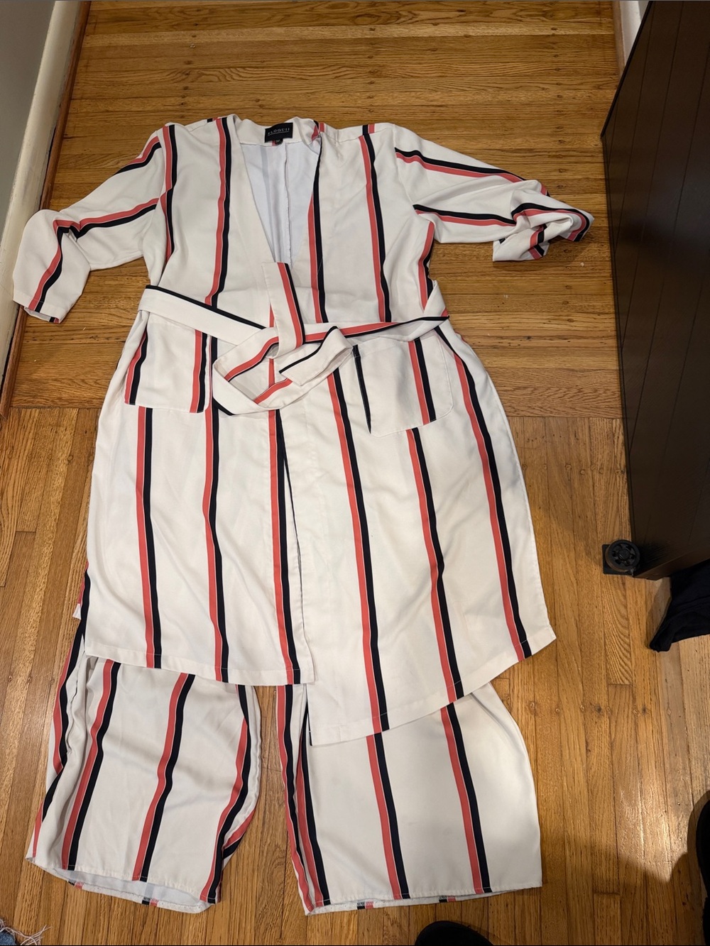 2 piece Striped White Wrap Jumpsuit with Belt